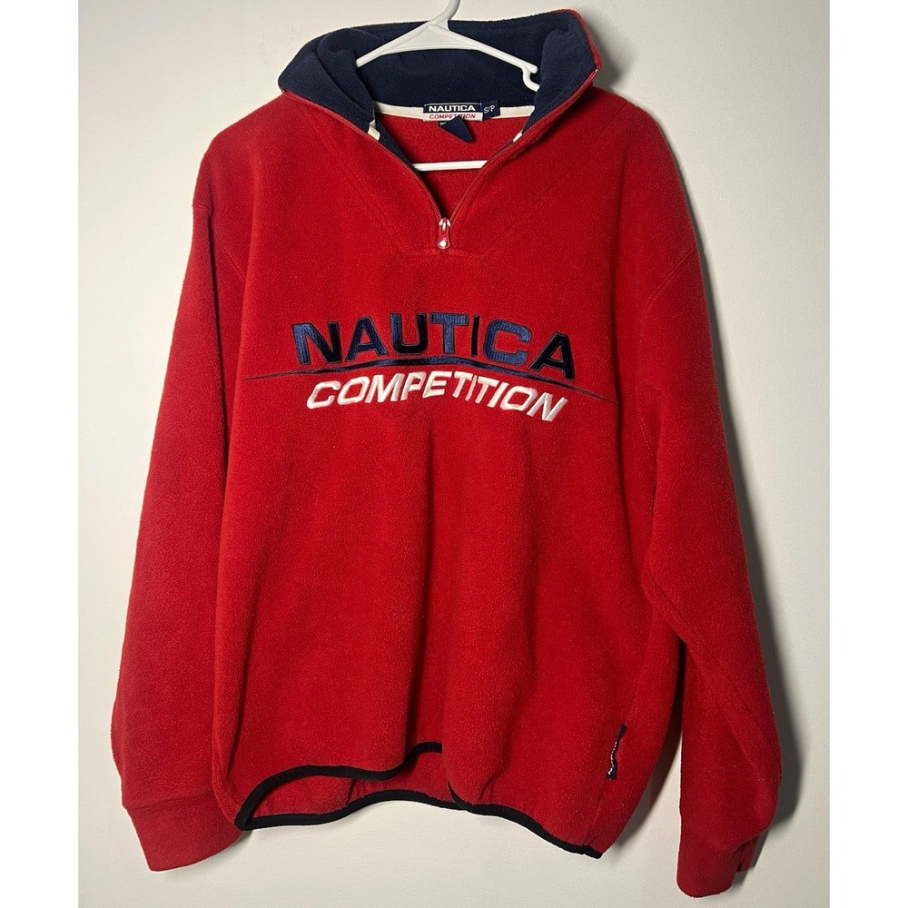 Vintage Nautica Competition Men's Red Fleece 1/4 Zip Embroidered Logo Pullover S